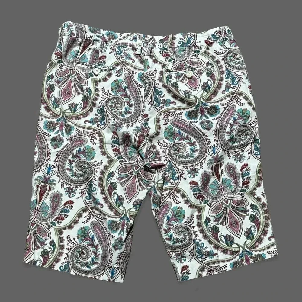 TOMMY HILFIGER Multicolor Paisley Print Bermuda Walking Flat Front Short Size 12 - Picture 2 of 5